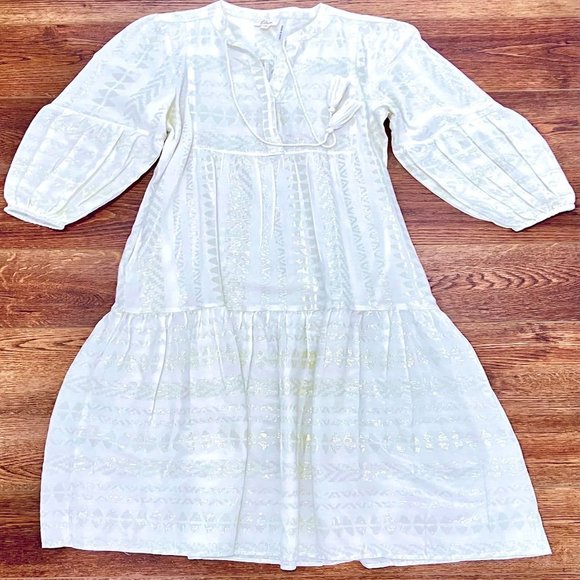 Elan NWOT Coastas Kaftan Maxi Dress White & Gold Bohemian Vacation Sz XS - Picture 5 of 7